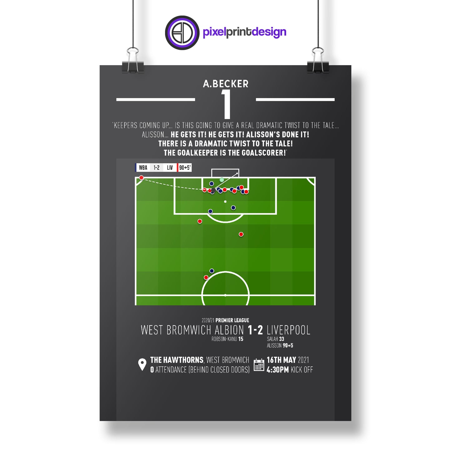 Alisson Becker | Dramatic 95th Minute Winner (WBA 1-2 LIV) Goal Print | Poster
