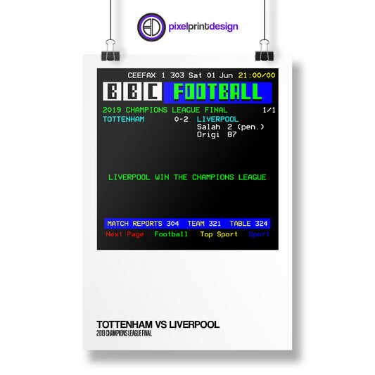 2019 Champions League Final (Tottenham 0-2 Liverpool) Ceefax Match Result Print | Poster