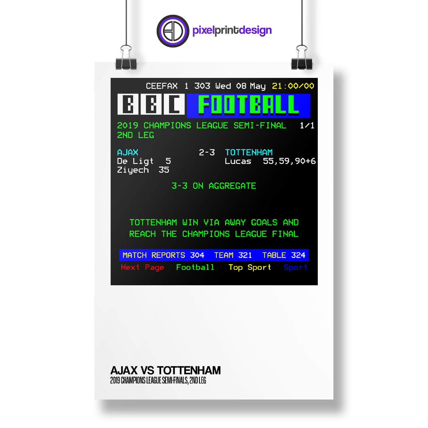 2019 Champions League Semi-Final (Ajax 2-3 Tottenham) Ceefax Match Result Print | Poster