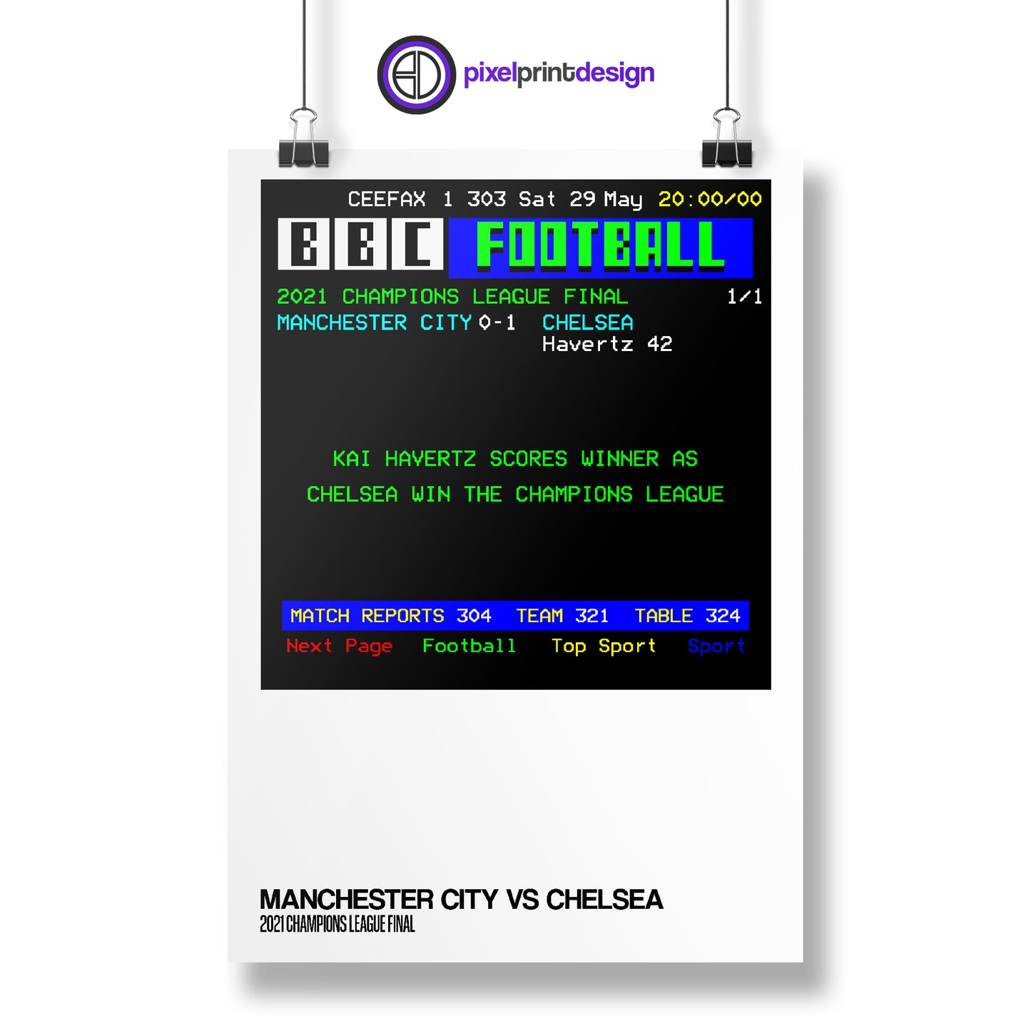 2021 Champions League Final (Man City 0-1 Chelsea) Ceefax Match Result Print | Poster