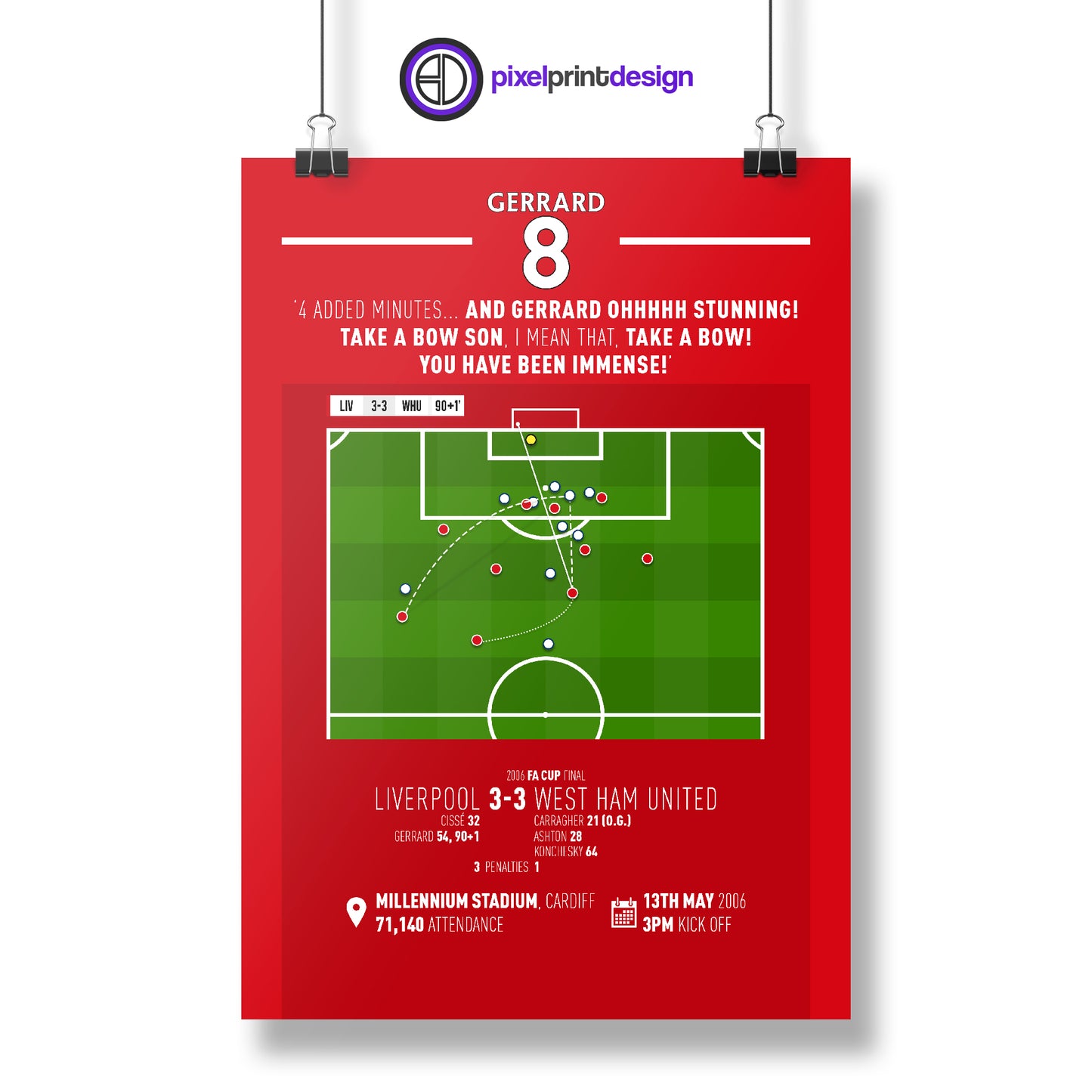 Steven Gerrard | Iconic Equaliser In Cup Final (LIV 3-3 WHU) Goal Print | Poster