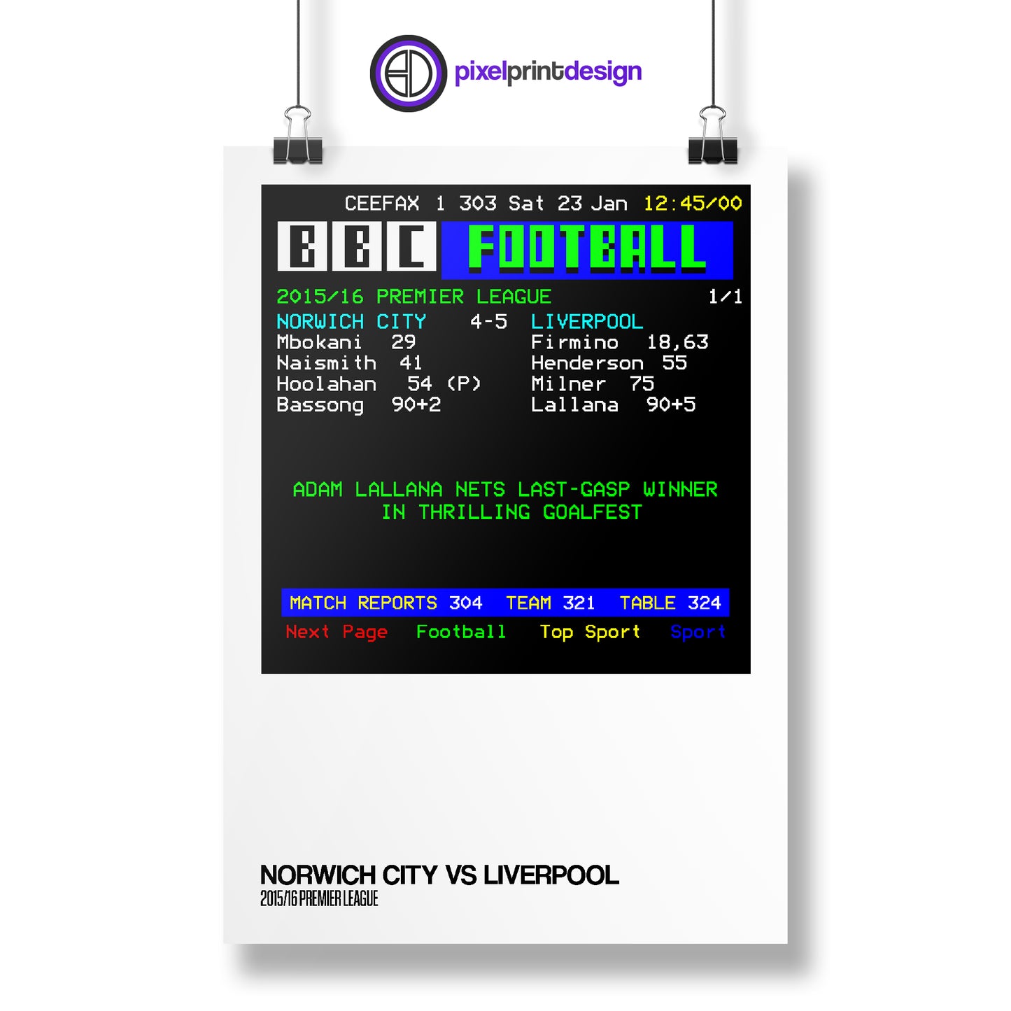 Norwich 4 - 5 Liverpool - Ceefax Match Result Print | Poster