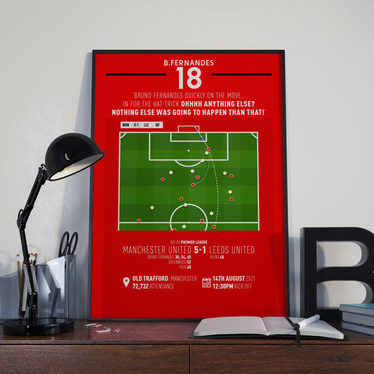 Bruno Fernandes | Third Goal To Complete Opening Game Hat-Trick (MUN 5-1 LEE) Goal Print | Poster