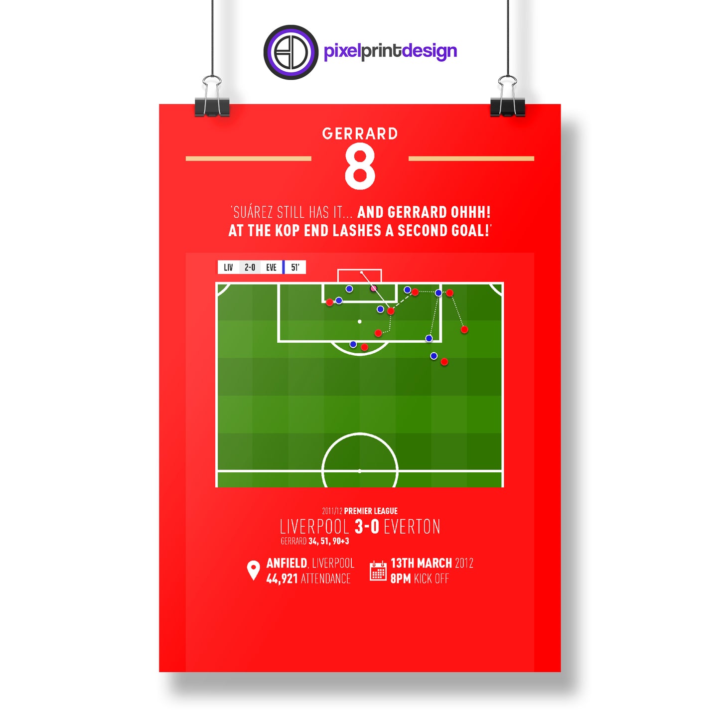 Steven Gerrard | Second Goal In Merseyside Derby Hat-Trick (LIV 3-0 EVE) Goal Print | Poster