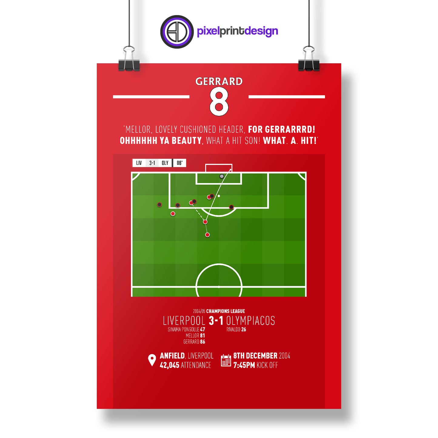 Steven Gerrard | Late Screamer In Iconic Season (LIV 3-1 OLY) Goal Print | Poster