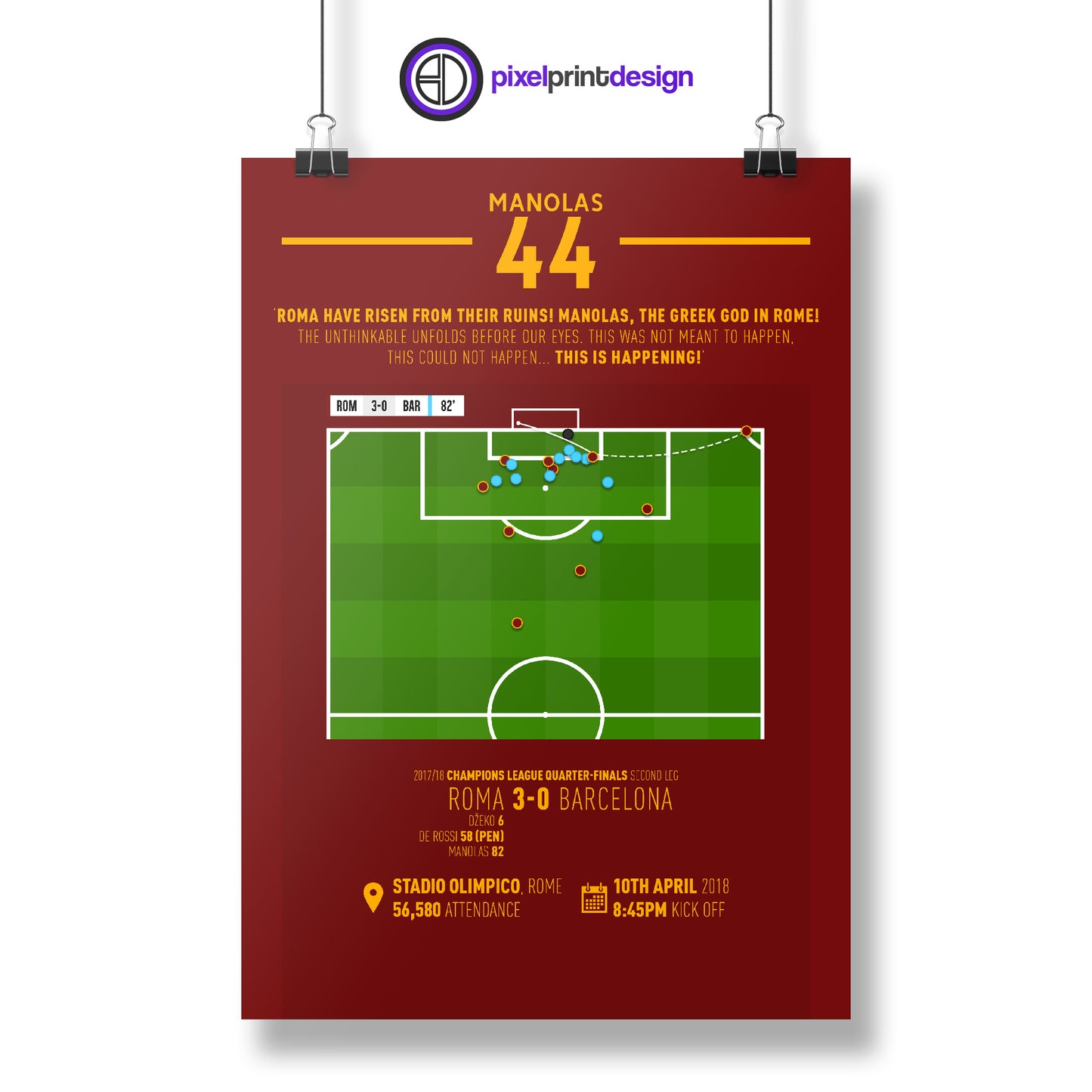 Kostas Manolas | Late Winner To Complete Iconic Comeback (ROM 3-0 BAR) Goal Print | Poster