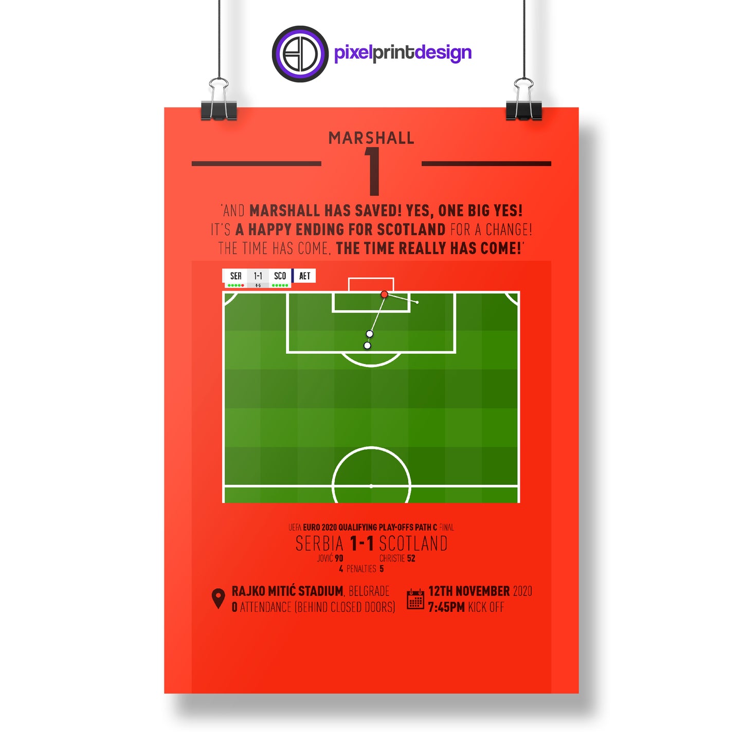 David Marshall | Save In Penalty Shootout To Send Scotland To The Euros (SER 1-1 SCO) Goal Print | Poster