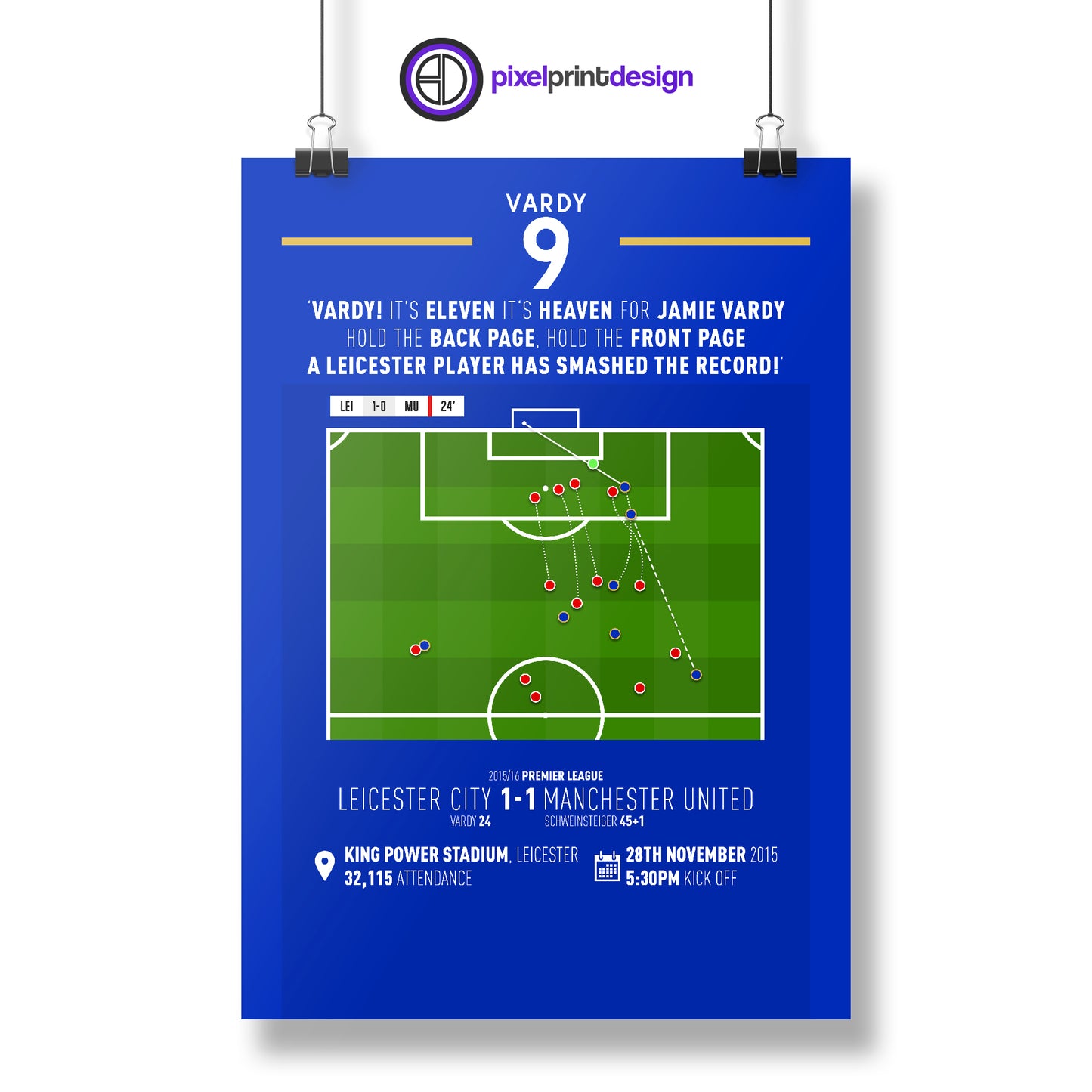 Jamie Vardy | Record Breaking Goal (LEI 1-1 MU) Goal Print | Poster